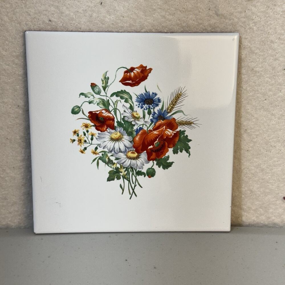 Castelli Ceramics Pottery Tile Trivet Hot Plate Hand Painted Floral Poppy Italy